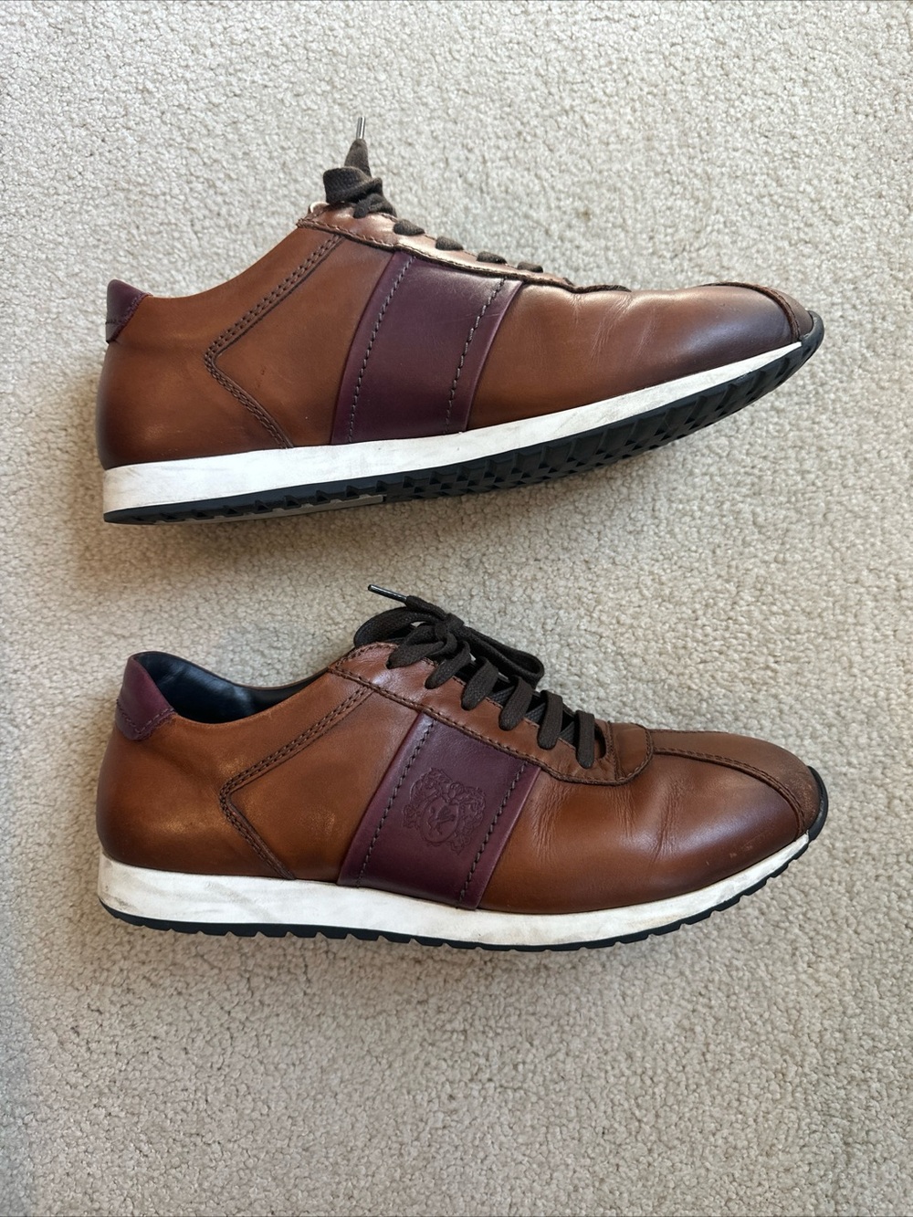 Bruno Magli Men's Brown Leather Sneakers with Burgundy Accents
